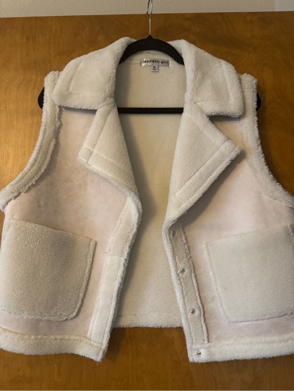 Madden Girl Cream Faux Shearling Vest with Patch Pockets